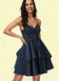 Kaiya A-line V-Neck Short/Mini Lace Satin Homecoming Dress UKP0020504