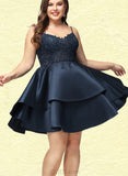 Kaiya A-line V-Neck Short/Mini Lace Satin Homecoming Dress UKP0020504