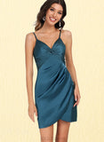 Sariah Bodycon V-Neck Short/Mini Silky Satin Homecoming Dress With Ruffle UKP0020505