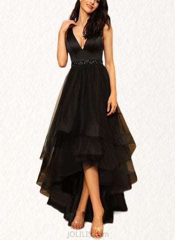 Kaylynn A-line V-Neck Asymmetrical Satin Tulle Homecoming Dress With Beading UKP0020533