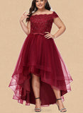 Nell A-line Off the Shoulder Asymmetrical Lace Tulle Homecoming Dress With Beading Bow Sequins UKP0020535