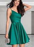 Isabell A-line V-Neck Short/Mini Satin Homecoming Dress With Ruffle UKP0020539