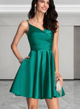 Isabell A-line V-Neck Short/Mini Satin Homecoming Dress With Ruffle UKP0020539