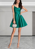 Isabell A-line V-Neck Short/Mini Satin Homecoming Dress With Ruffle UKP0020539