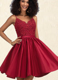 Liliana A-line V-Neck Short/Mini Lace Satin Homecoming Dress With Beading UKP0020554