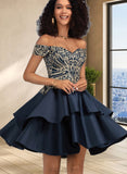 Tia A-line Off the Shoulder Short/Mini Satin Homecoming Dress UKP0020562