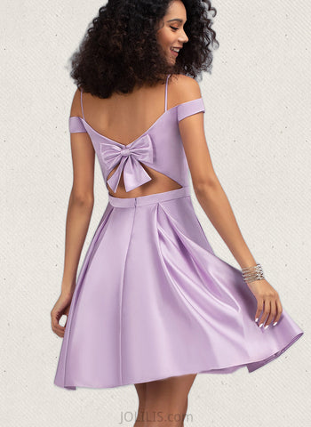 Norah A-line Off the Shoulder Short/Mini Satin Homecoming Dress With Bow UKP0020568