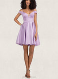 Norah A-line Off the Shoulder Short/Mini Satin Homecoming Dress With Bow UKP0020568