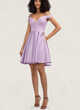 Norah A-line Off the Shoulder Short/Mini Satin Homecoming Dress With Bow UKP0020568