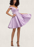 Norah A-line Off the Shoulder Short/Mini Satin Homecoming Dress With Bow UKP0020568