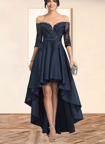 Cloe A-line Off the Shoulder Asymmetrical Lace Satin Homecoming Dress With Sequins UKP0020580