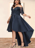 Cloe A-line Off the Shoulder Asymmetrical Lace Satin Homecoming Dress With Sequins UKP0020580