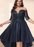 Cloe A-line Off the Shoulder Asymmetrical Lace Satin Homecoming Dress With Sequins UKP0020580