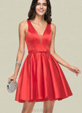 Jeanie A-line V-Neck Short/Mini Satin Homecoming Dress With Bow UKP0020583