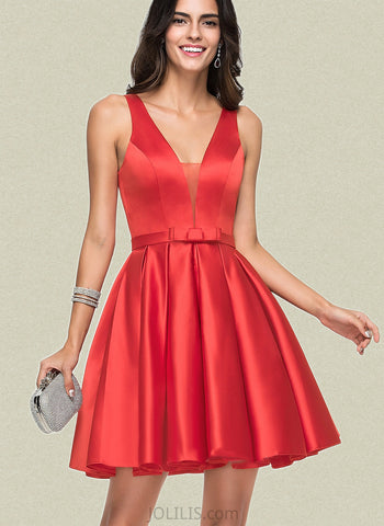 Jeanie A-line V-Neck Short/Mini Satin Homecoming Dress With Bow UKP0020583