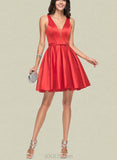 Jeanie A-line V-Neck Short/Mini Satin Homecoming Dress With Bow UKP0020583