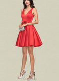 Jeanie A-line V-Neck Short/Mini Satin Homecoming Dress With Bow UKP0020583