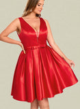 Jeanie A-line V-Neck Short/Mini Satin Homecoming Dress With Bow UKP0020583