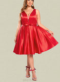 Jeanie A-line V-Neck Short/Mini Satin Homecoming Dress With Bow UKP0020583