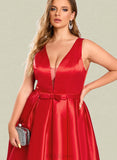 Jeanie A-line V-Neck Short/Mini Satin Homecoming Dress With Bow UKP0020583