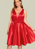 Jeanie A-line V-Neck Short/Mini Satin Homecoming Dress With Bow UKP0020583