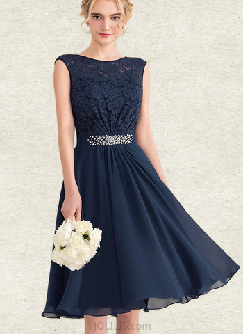 Grace A-line Scoop Knee-Length Chiffon Lace Homecoming Dress With Beading Bow UKP0020588