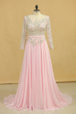 Plus Size A Line Chiffon Prom Dresses Bateau Long Sleeves With Beads & Applique