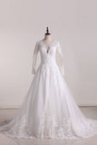 A Line Scoop Long Sleeves Wedding Dresses Tulle With Applique