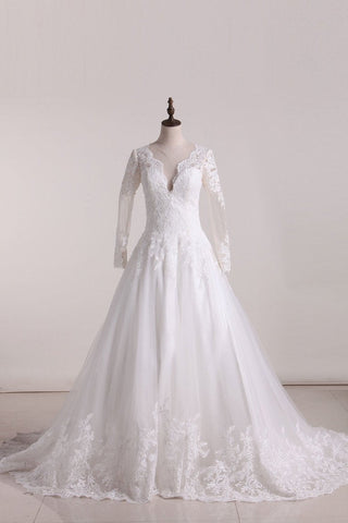 A Line Scoop Long Sleeves Wedding Dresses Tulle With Applique