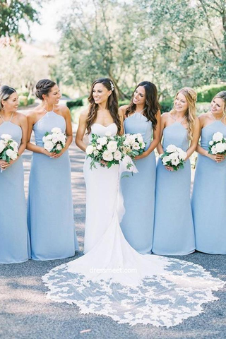 Elegant Sheath Halter Light Blue Satin Long Bridesmaid Dresses