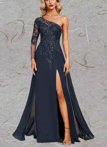 Jasmine Sheath/Column One Shoulder Floor-Length Chiffon Lace Evening Dress With Sequins UKP0020775