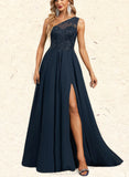 Sofia A-line One Shoulder Illusion Sweep Train Chiffon Lace Evening Dress With Sequins UKP0020780