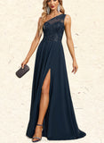 Sofia A-line One Shoulder Illusion Sweep Train Chiffon Lace Evening Dress With Sequins UKP0020780