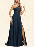 Sofia A-line One Shoulder Illusion Sweep Train Chiffon Lace Evening Dress With Sequins UKP0020780