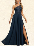 Sofia A-line One Shoulder Illusion Sweep Train Chiffon Lace Evening Dress With Sequins UKP0020780