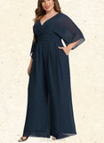 Helen Jumpsuit/Pantsuit V-Neck Floor-Length Chiffon Evening Dress With Pleated UKP0020787