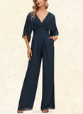 Helen Jumpsuit/Pantsuit V-Neck Floor-Length Chiffon Evening Dress With Pleated UKP0020787