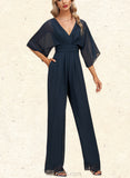 Helen Jumpsuit/Pantsuit V-Neck Floor-Length Chiffon Evening Dress With Pleated UKP0020787