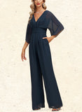 Helen Jumpsuit/Pantsuit V-Neck Floor-Length Chiffon Evening Dress With Pleated UKP0020787