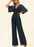 Helen Jumpsuit/Pantsuit V-Neck Floor-Length Chiffon Evening Dress With Pleated UKP0020787