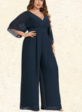 Helen Jumpsuit/Pantsuit V-Neck Floor-Length Chiffon Evening Dress With Pleated UKP0020787