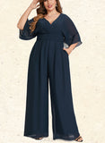 Helen Jumpsuit/Pantsuit V-Neck Floor-Length Chiffon Evening Dress With Pleated UKP0020787