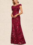 Maia Sheath/Column Off the Shoulder Floor-Length Chiffon Sequin Evening Dress With Pleated UKP0020791