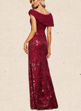 Maia Sheath/Column Off the Shoulder Floor-Length Chiffon Sequin Evening Dress With Pleated UKP0020791