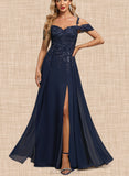 Sage A-line Cold Shoulder Off the Shoulder Floor-Length Chiffon Lace Evening Dress With Sequins UKP0020794