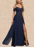 Sage A-line Cold Shoulder Off the Shoulder Floor-Length Chiffon Lace Evening Dress With Sequins UKP0020794