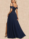 Sage A-line Cold Shoulder Off the Shoulder Floor-Length Chiffon Lace Evening Dress With Sequins UKP0020794