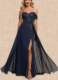 Sage A-line Cold Shoulder Off the Shoulder Floor-Length Chiffon Lace Evening Dress With Sequins UKP0020794