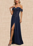 Sage A-line Cold Shoulder Off the Shoulder Floor-Length Chiffon Lace Evening Dress With Sequins UKP0020794