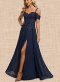 Sage A-line Cold Shoulder Off the Shoulder Floor-Length Chiffon Lace Evening Dress With Sequins UKP0020794